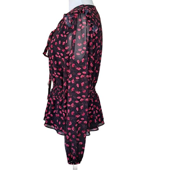 MILLY Floral Ruffle-Trim Tieneck Blouse Black Red Floral Top Size Medium - Picture 5 of 10